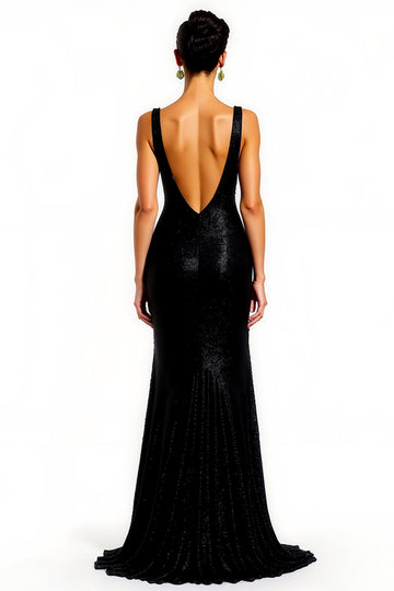 Sparkly Black Sheath V-Neck Holiday Dress With Slit